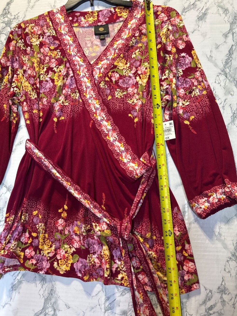 JM Collection Size 0X Floral Wrap Top Ruby Slippers Print 3/4 Sleeve - Picture 5 of 9